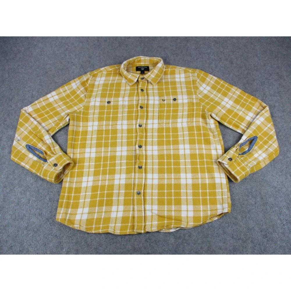 True Religion Shirt Mens Large Yellow White Plaid Flannel Long Sleeve Button Up